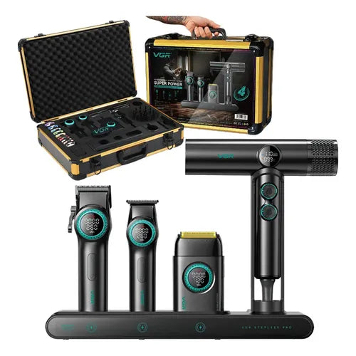 VGR Stepless Pro 4 in 1 Professional Barber Combo – Clipper, Trimmer, Shaver & Hair Dryer