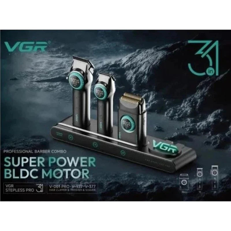 VGR Stepless Pro 4 in 1 Professional Barber Combo – Clipper, Trimmer, Shaver & Hair Dryer