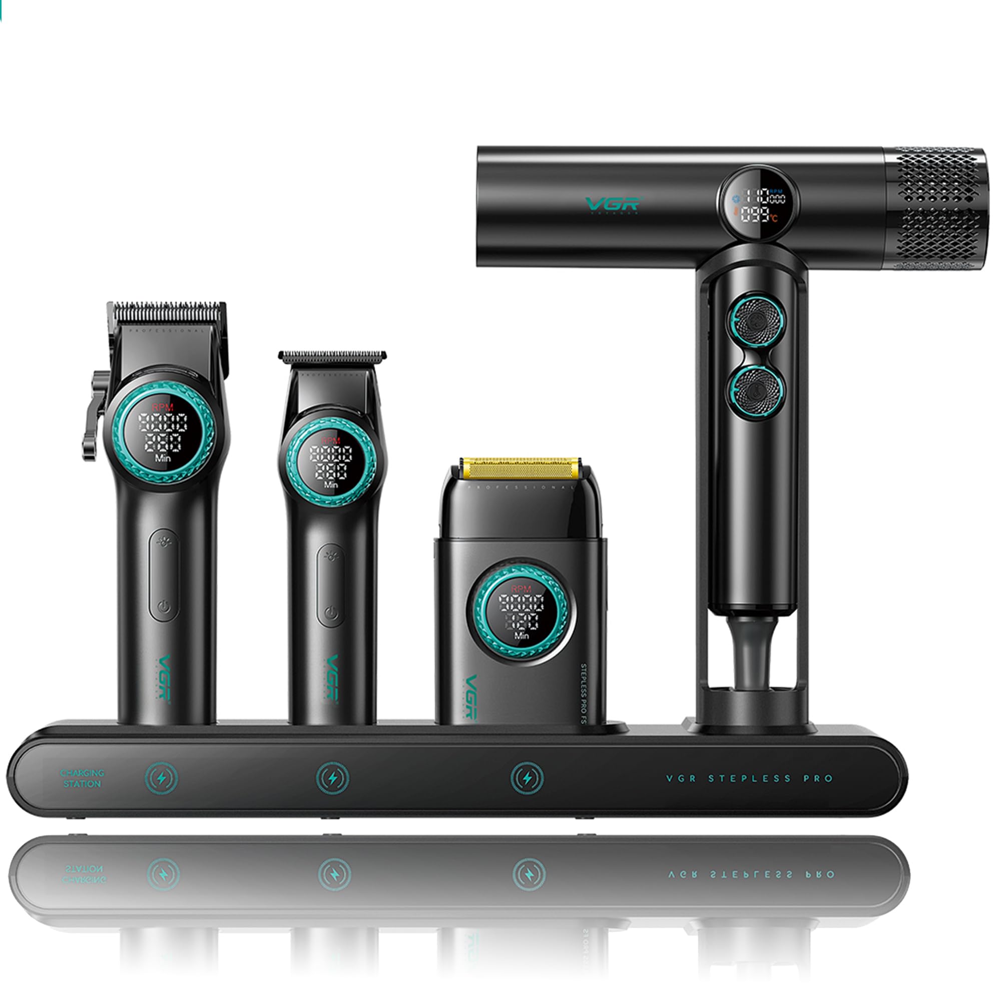 VGR Stepless Pro 4 in 1 Professional Barber Combo – Clipper, Trimmer, Shaver & Hair Dryer