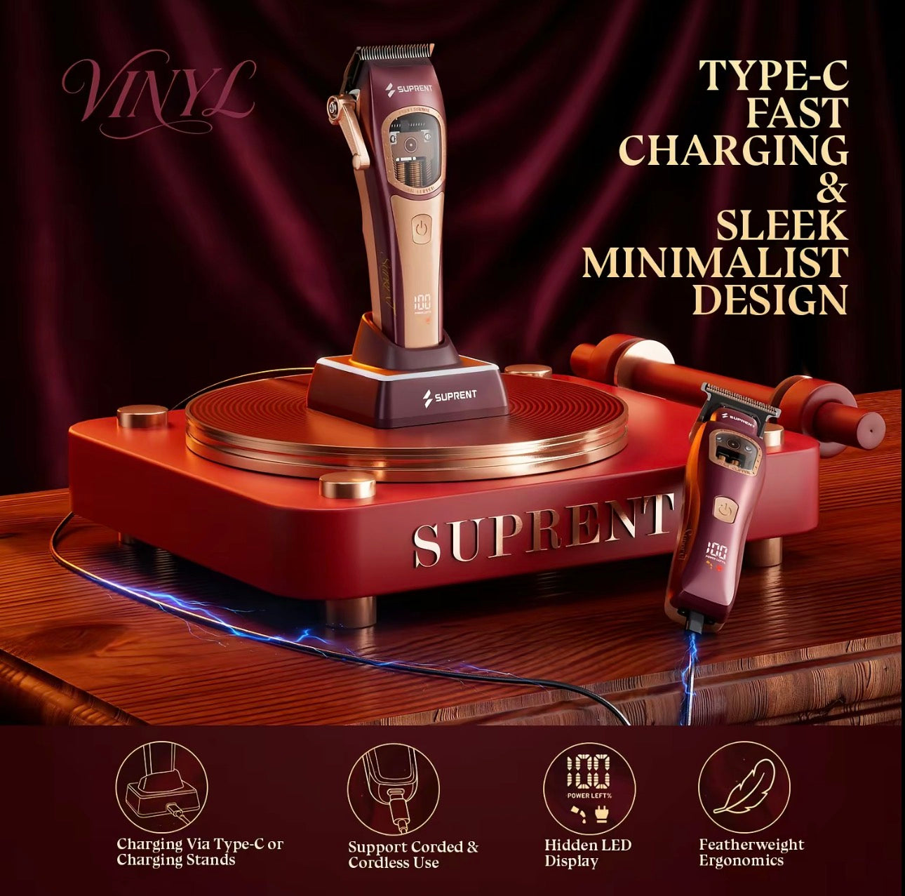 SUPRENT Vinyl Professional Clipper & Trimmer Combo with Charging Stands