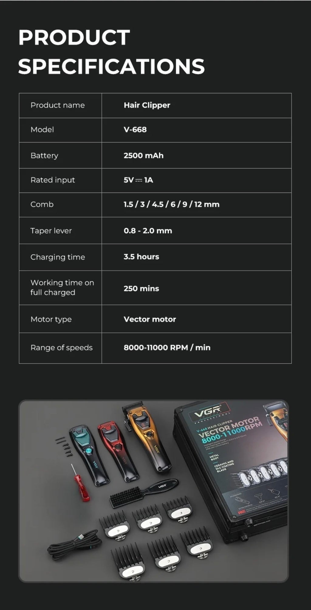 VGR V-668 Professional Vector Motor Hair Clipper – 11,000 RPM