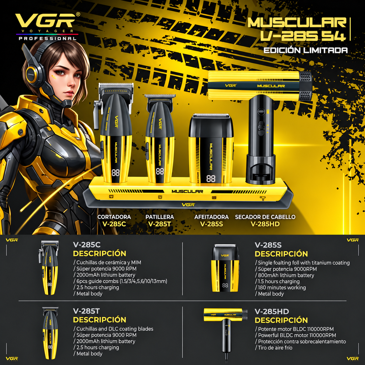 VGR Muscular V-285S4 Professional 4-in-1 Barber Combo Kit – Yellow