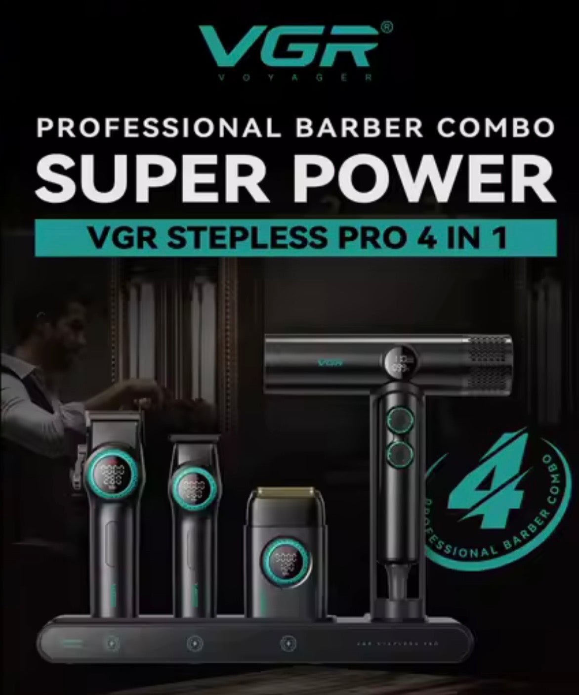 VGR Stepless Pro 4 in 1 Professional Barber Combo – Clipper, Trimmer, Shaver & Hair Dryer